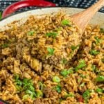 A pot of dirty rice garnished with green onions and parsley.