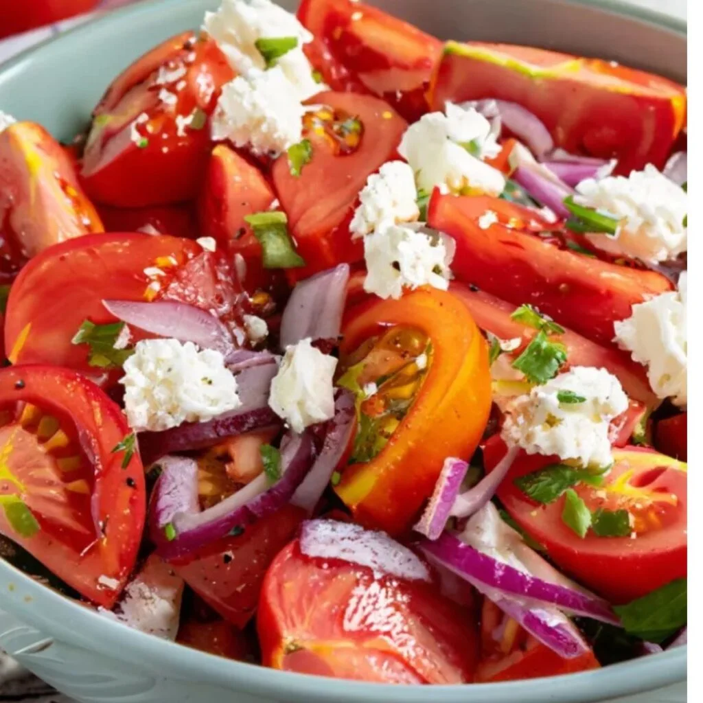 A close-up of a fresh Garden Tomato Salad, focusing on the vibrant red tomato wedges and contrasting white cheese