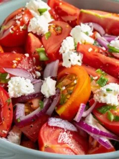 A close-up of a fresh Garden Tomato Salad, focusing on the vibrant red tomato wedges and contrasting white cheese