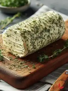 image of homemade herbed garlic butter with fresh herbs in the background