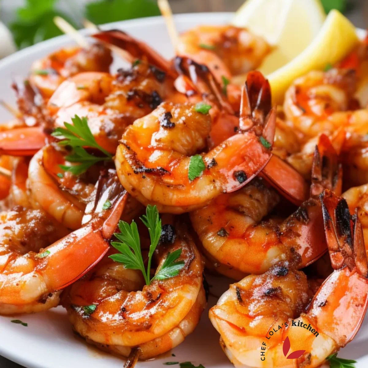 Garlic-infused grilled shrimp garnished with parsley