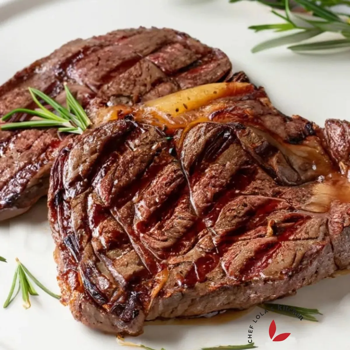 perfectly grilled steak served in a plate and garnished with rosemary