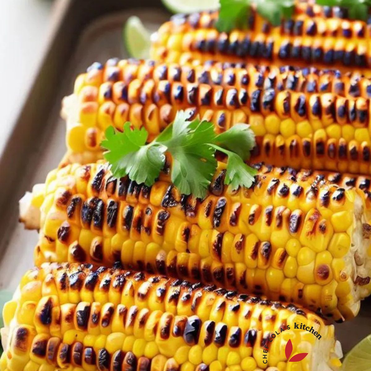 Grilled corn on the cob served on a tray and garnished with cilantro and lime