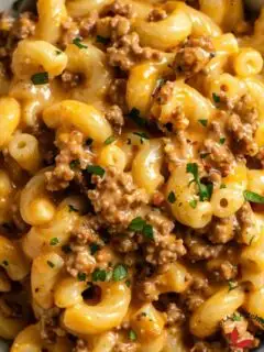 A delicious pasta dish with ground beef and melted cheddar cheese.