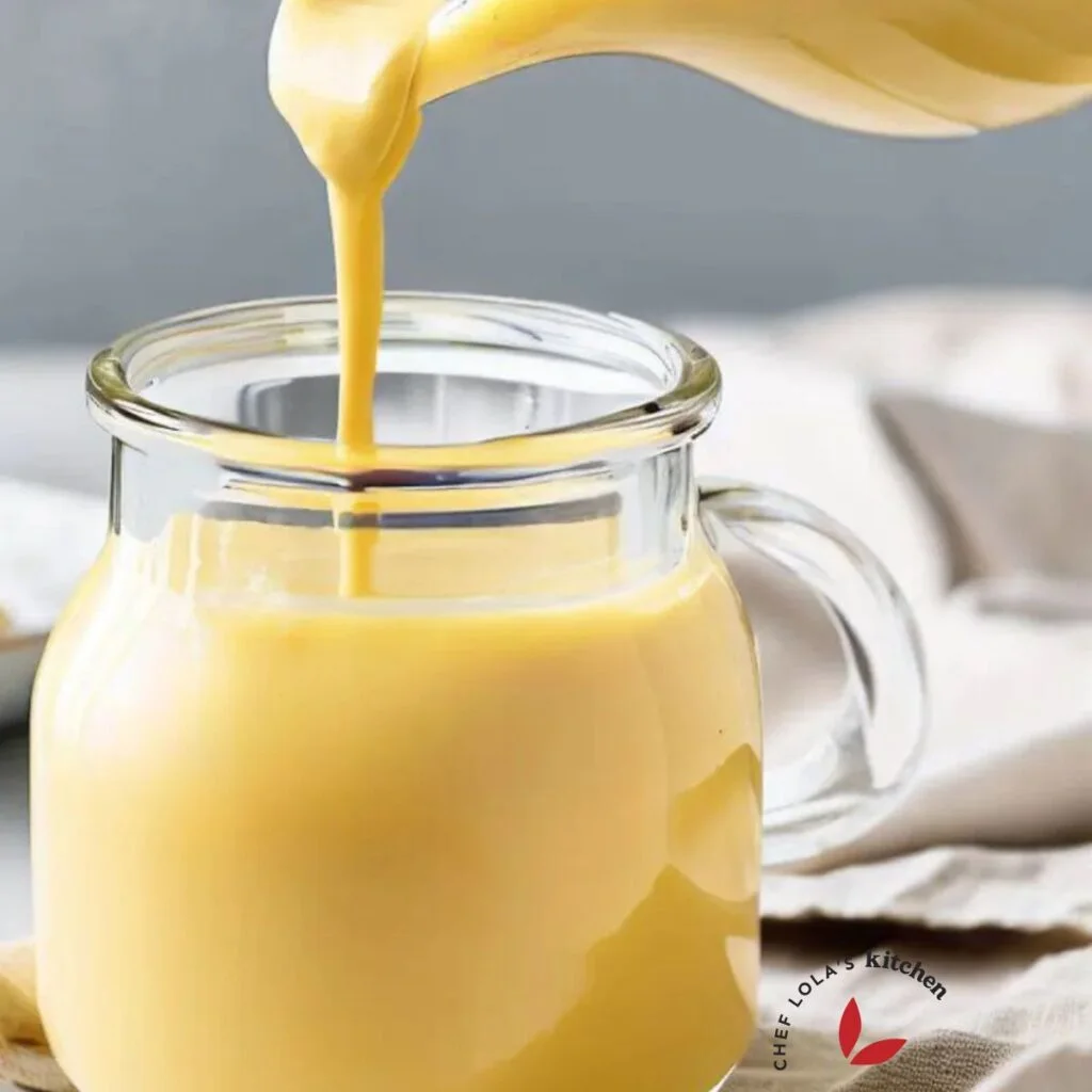 Velvety-smooth Hollandaise sauce poured into a glass jar