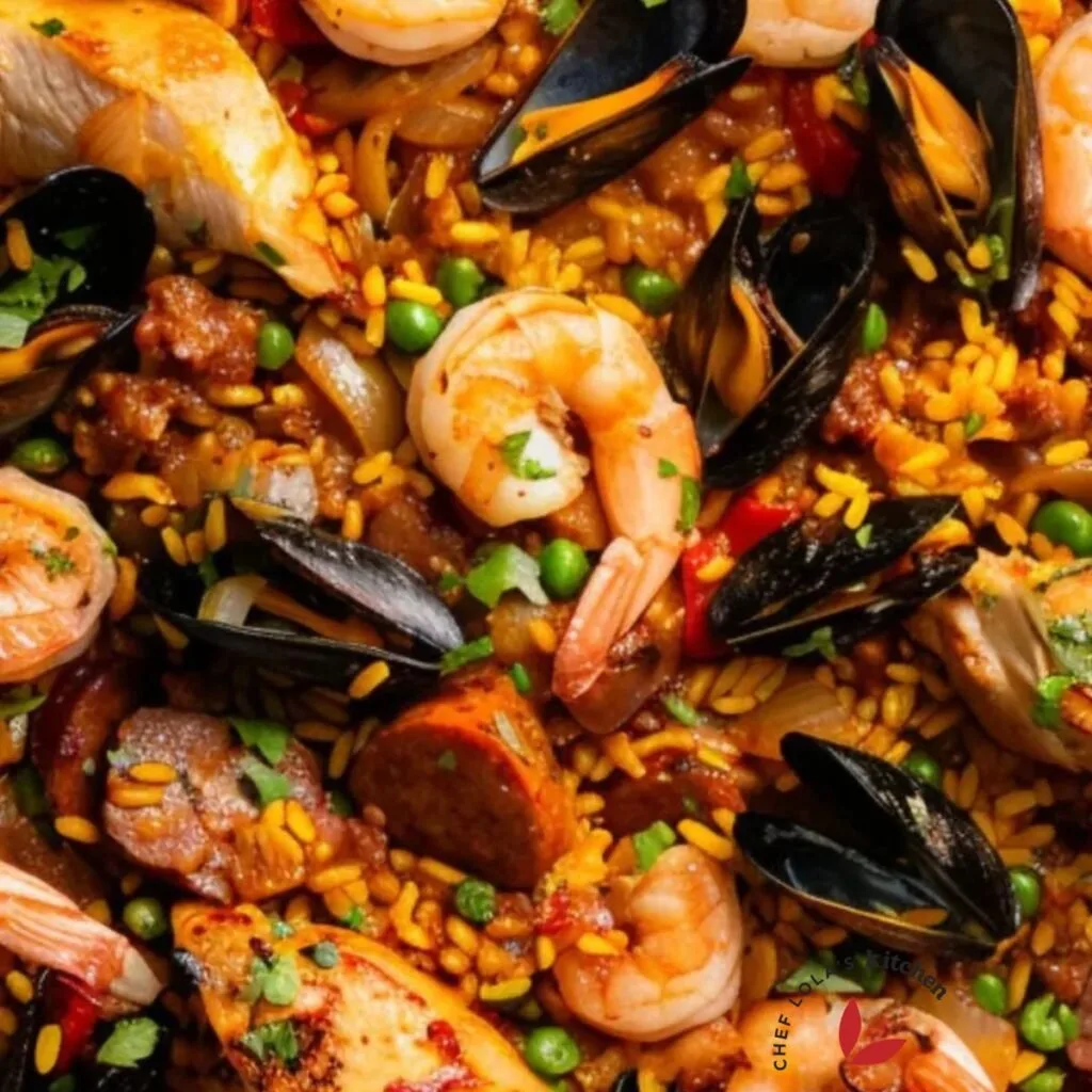 Colorful Spanish paella featuring chicken, chorizo, and vegetables.