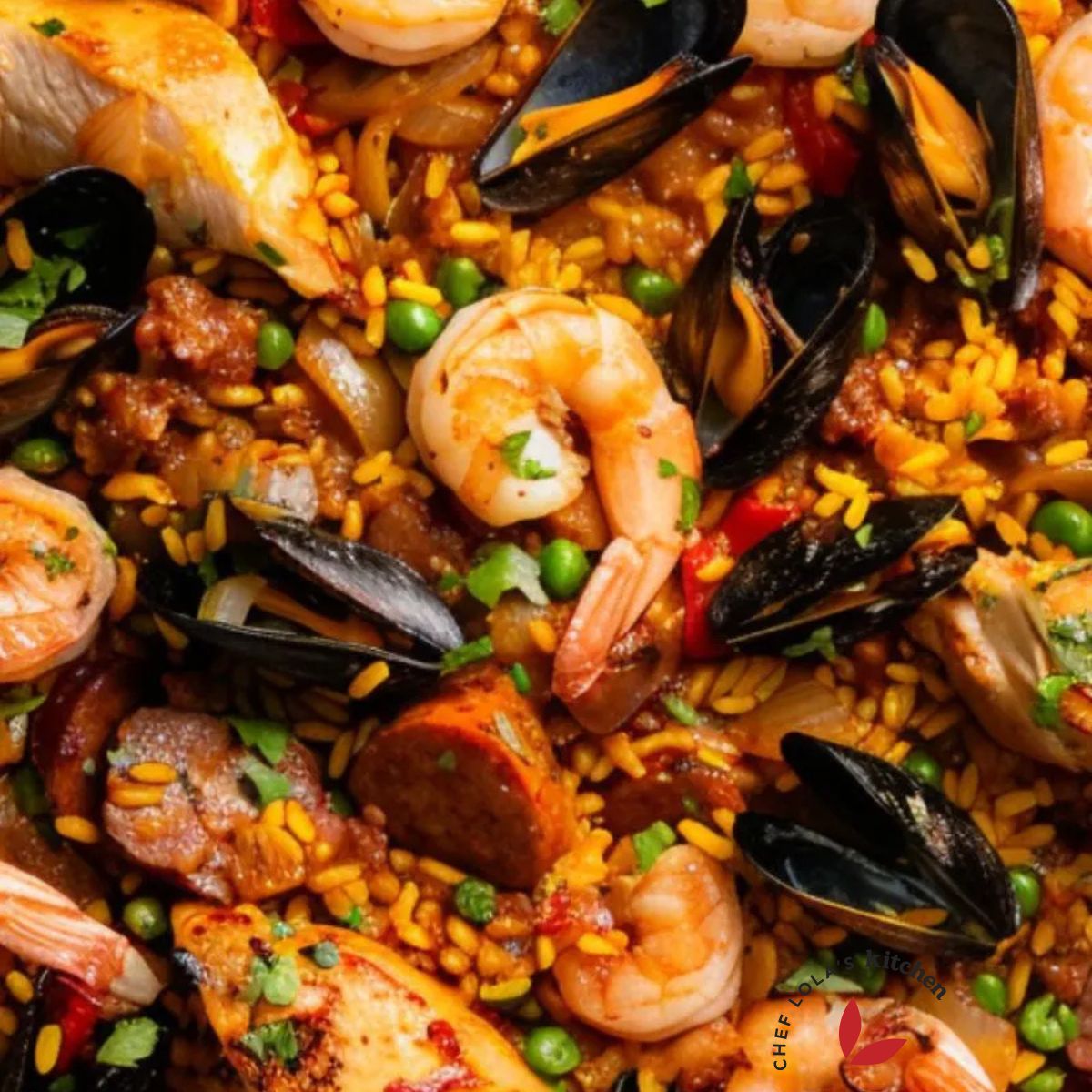 Colorful Spanish paella featuring chicken, chorizo, and vegetables.