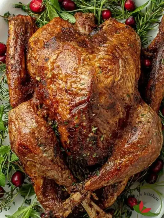 Roasted thanksgiving turkey served on a bed of herbs and garnished with cranberries