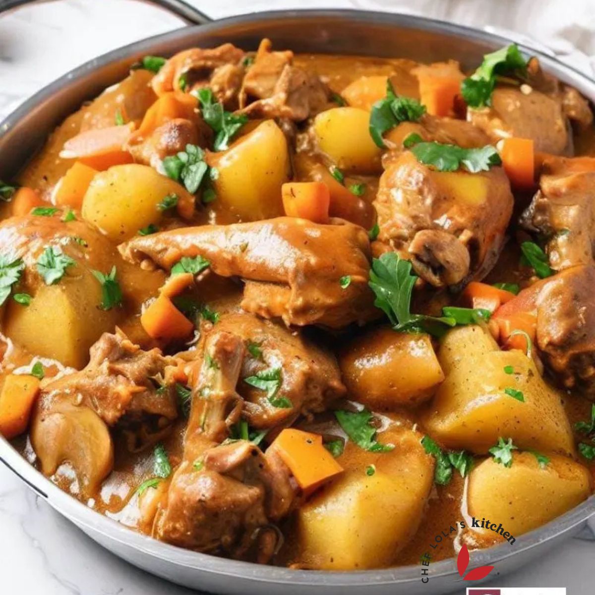 Delicious homemade Jamaican curry chicken cooked in a skillet and garnished with parsley.