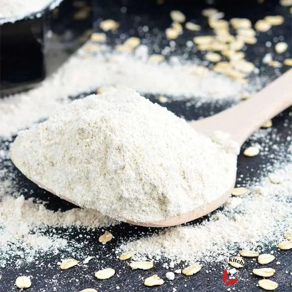 Freshly blended oats in a wooden spoon