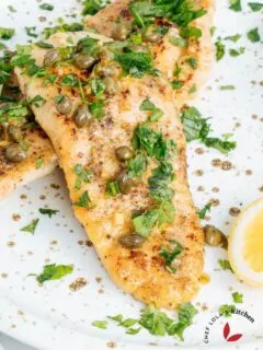 Chicken piccata topped with capers and parsley