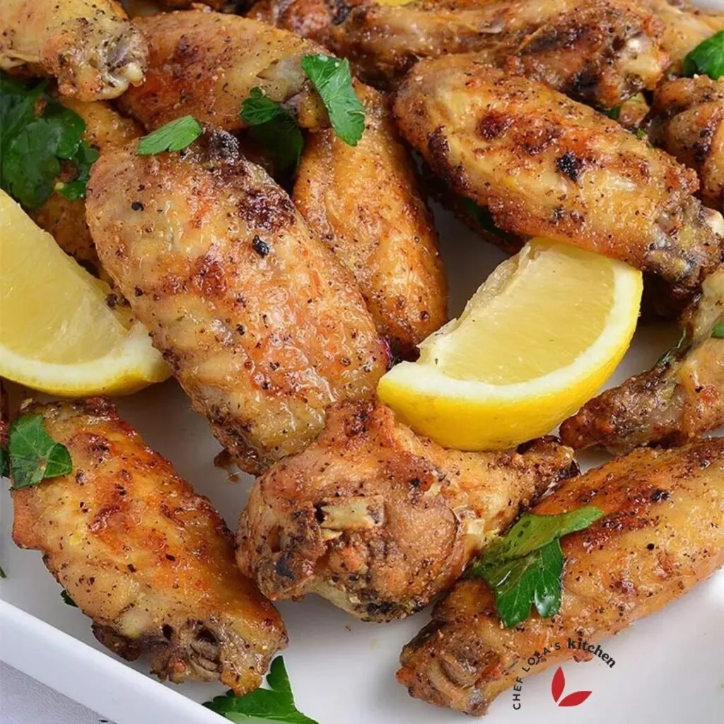 Lemon Pepper Wings in a plate garnished with lemon wedges