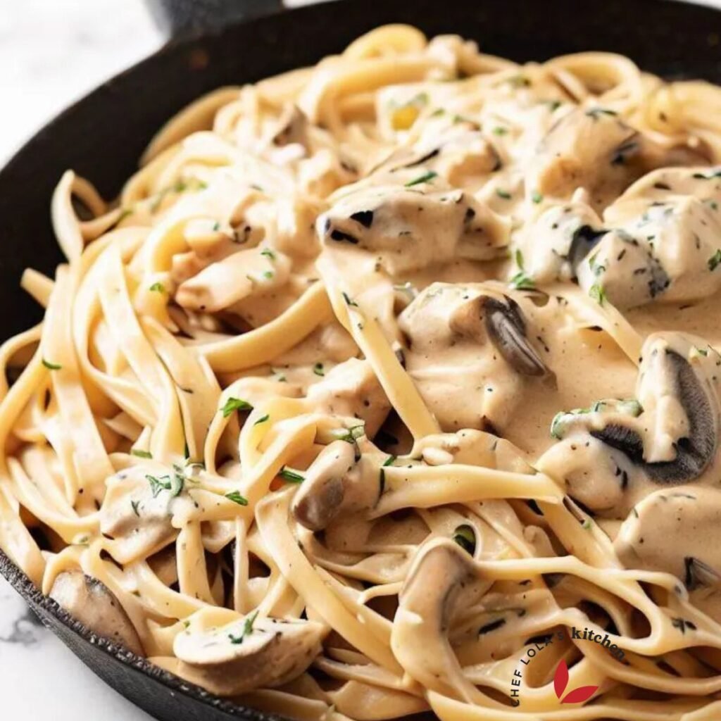 Delicious Mushroom pasta in a skillet garnished with parsley
