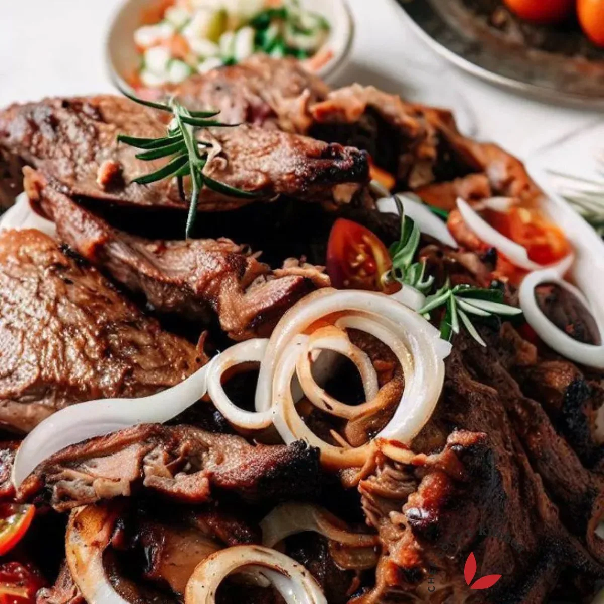 Nyama choma cut and garnished with rosemary, tomatoes and onions