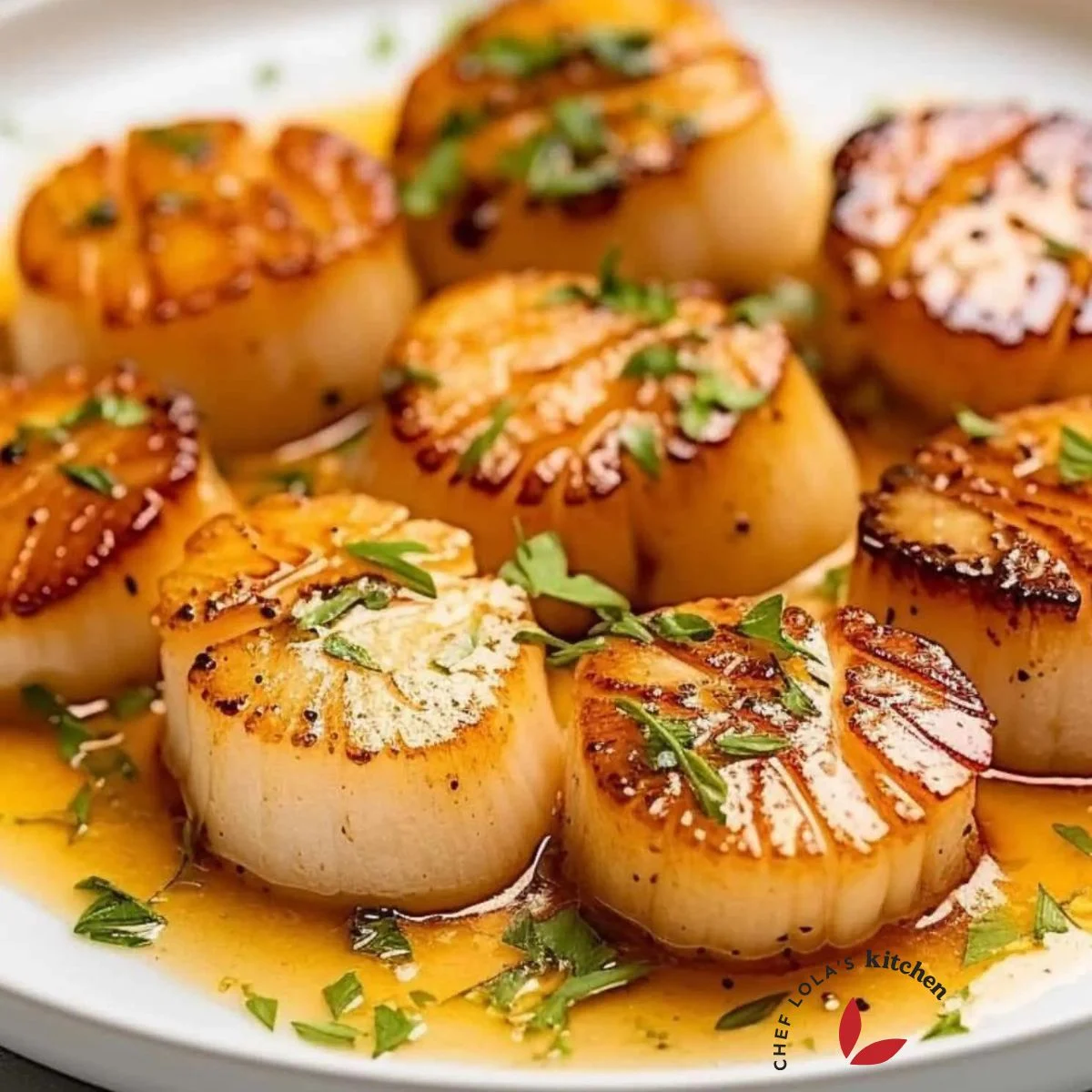 Golden-brown pan-seared scallops plated with aromatic brown butter and fresh herbs.