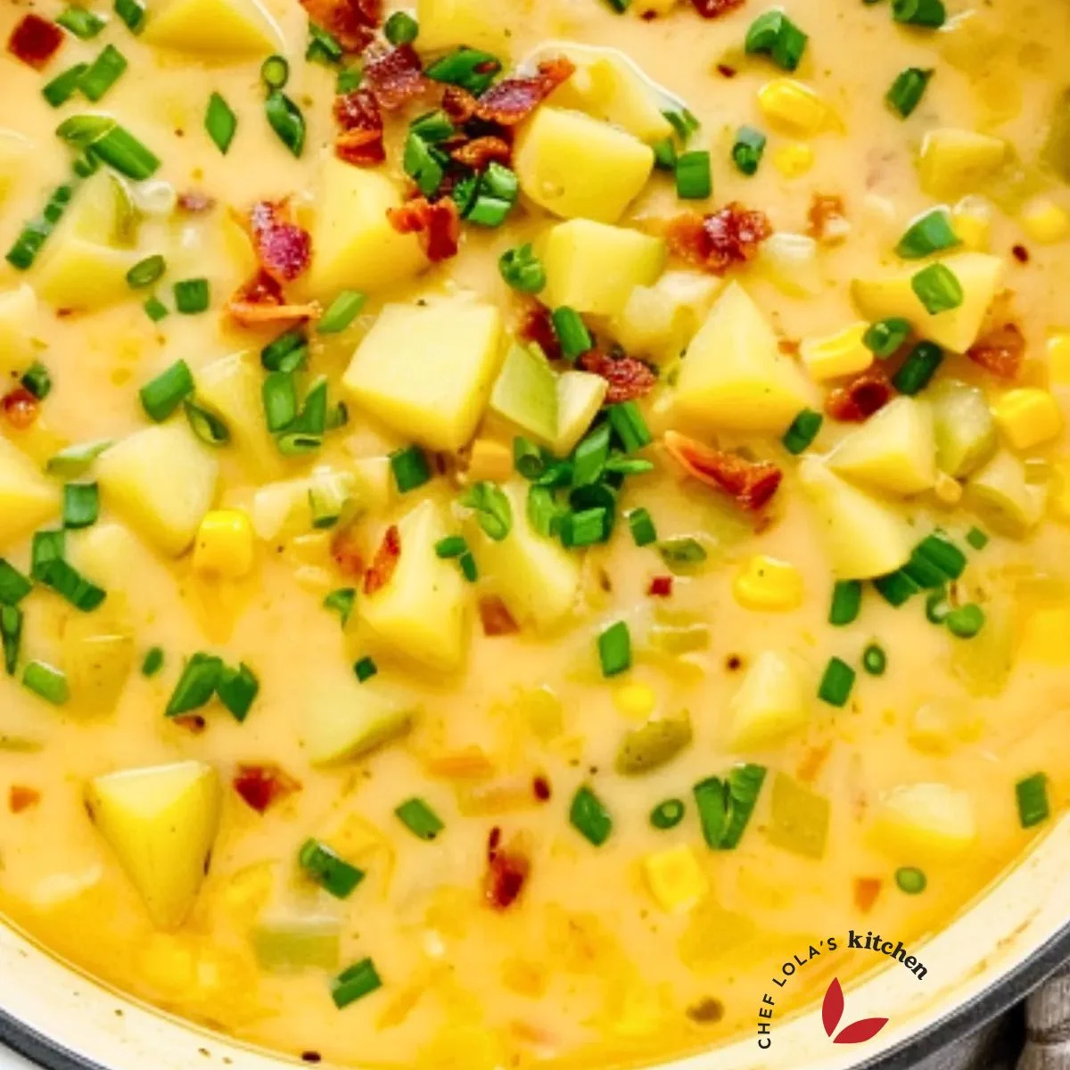 A steaming pot of creamy potato corn chowder garnished with fresh herbs.