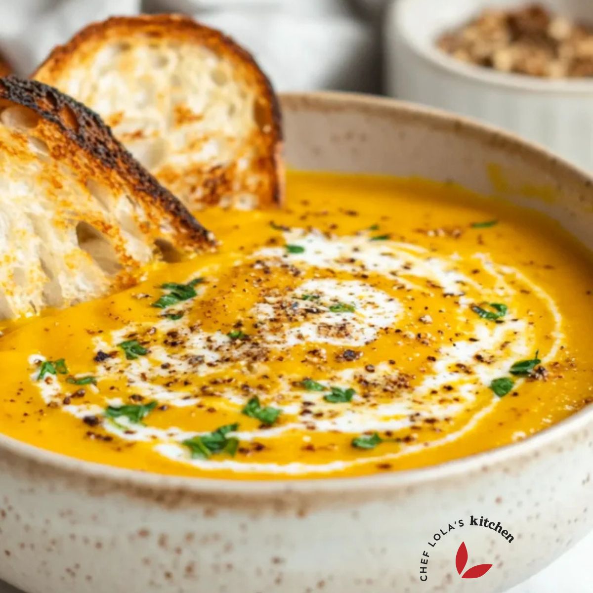 A comforting bowl of roasted pumpkin soup, perfectly seasoned