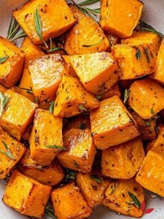 Bowl of seasoned roasted pumpkin chunks