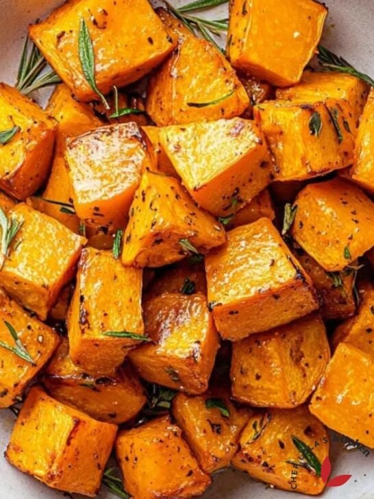 Bowl of seasoned roasted pumpkin chunks