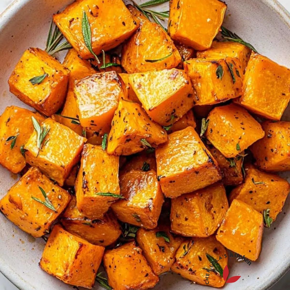Bowl of seasoned roasted pumpkin chunks