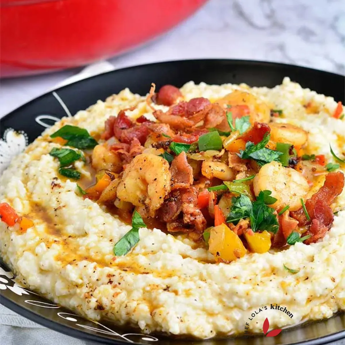 Shrimp is sauteed with peppers and sweet onion, and served over a bowl of hot cheese grits