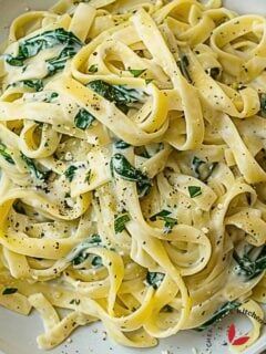 Bowl of creamy spinach pasta garnished with parmesan, perfect for a quick weeknight dinner.