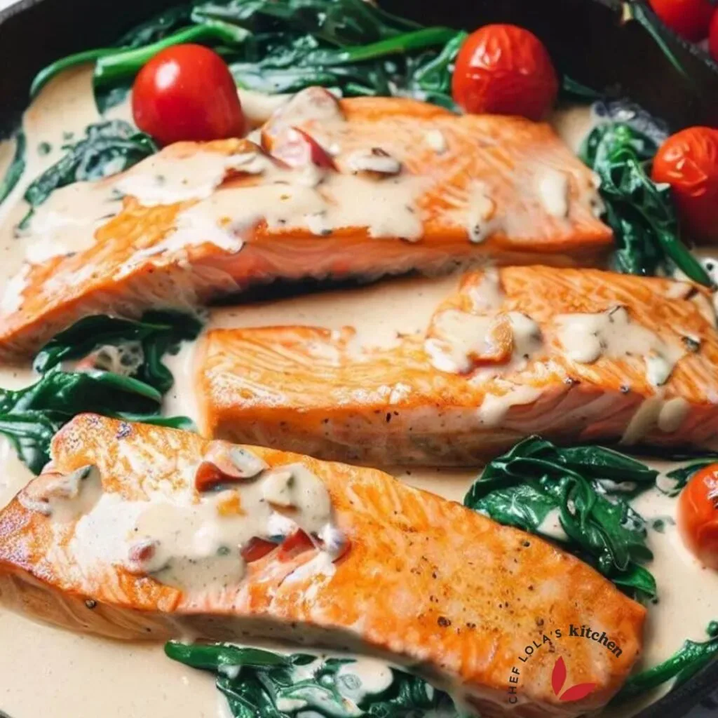 Creamy Tuscan Salmon in a cast iron skillet with tomatoes and spinach.
