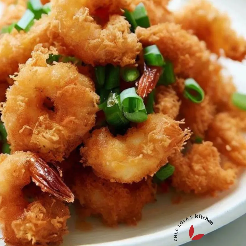 Crispy coconut shrimp garnished with green onions served in a bowl