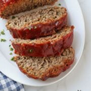 Sliced homemade meatloaf with ketchup glaze