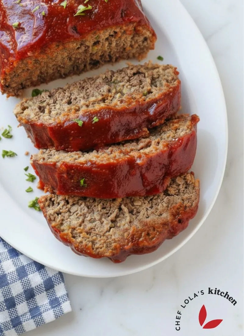 Sliced homemade meatloaf with ketchup glaze