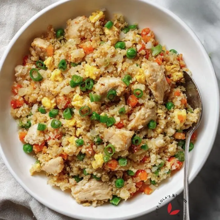 Healthy cauliflower chicken fried rice recipe with vegetables and eggs.
