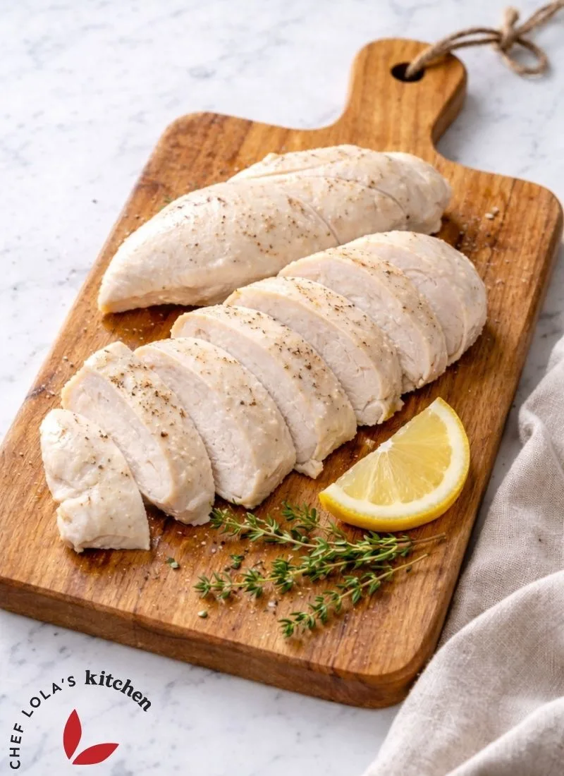 Sliced poached chicken for healthy meals