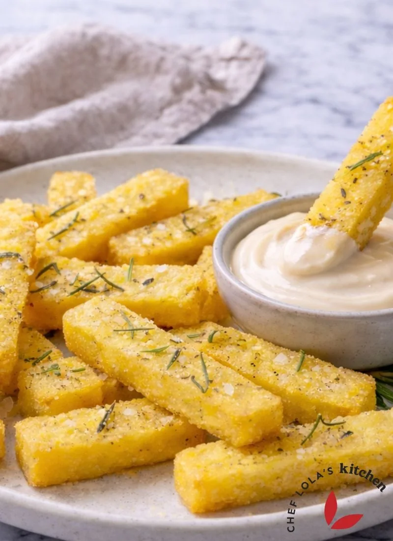 Golden baked polenta fries with dipping sauce