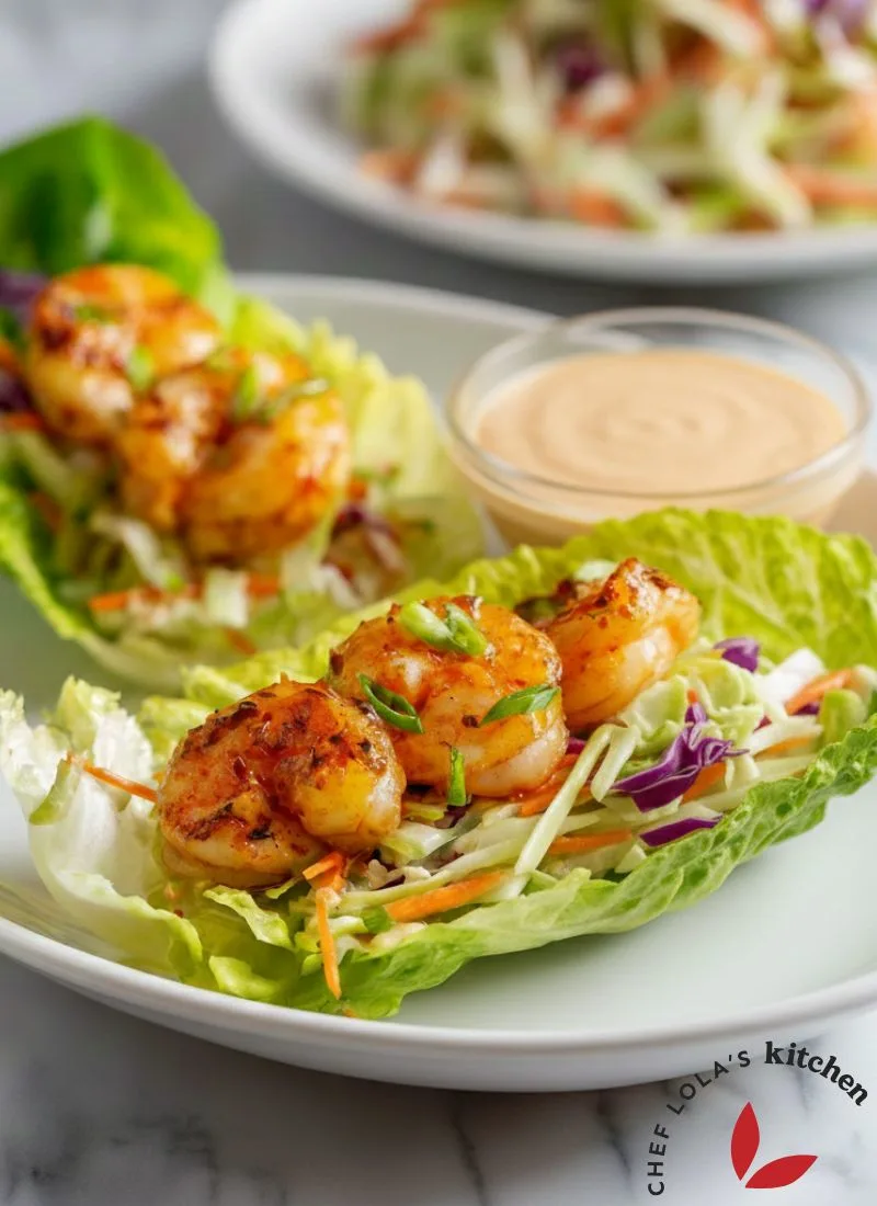 Healthy shrimp lettuce wraps with seasoned shrimp and fresh vegetables.