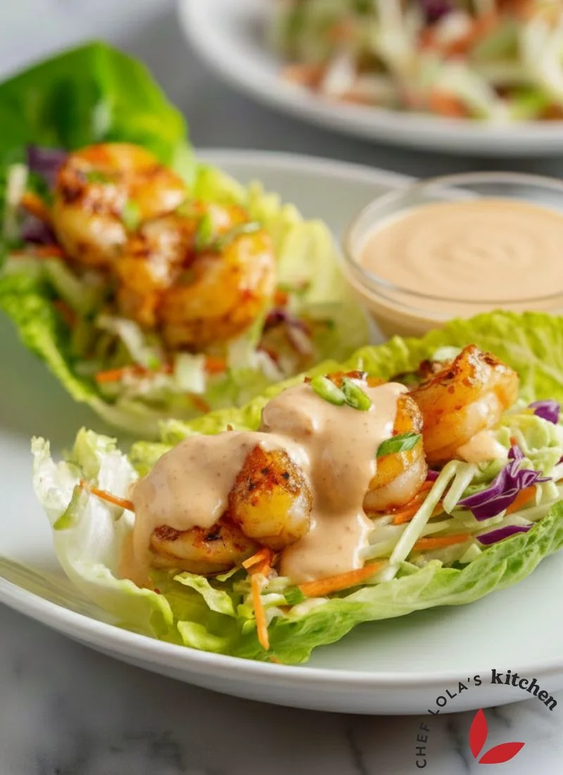Fresh shrimp lettuce wraps topped with sweet chili sauce.