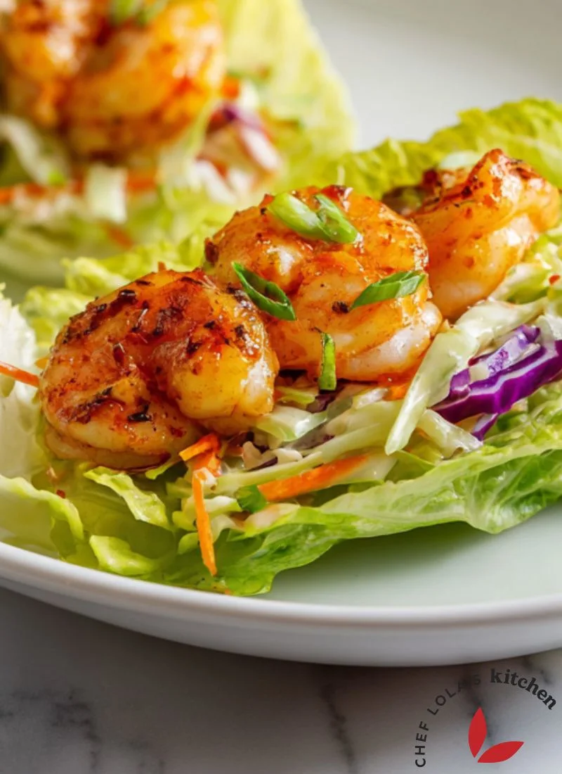 Shrimp lettuce wraps filled with seasoned shrimp and vegetables.