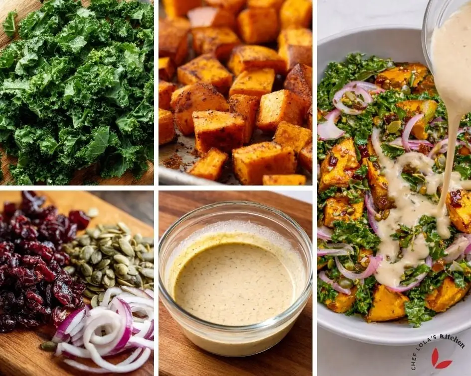 Step-by-step process of making sweet potato kale salad