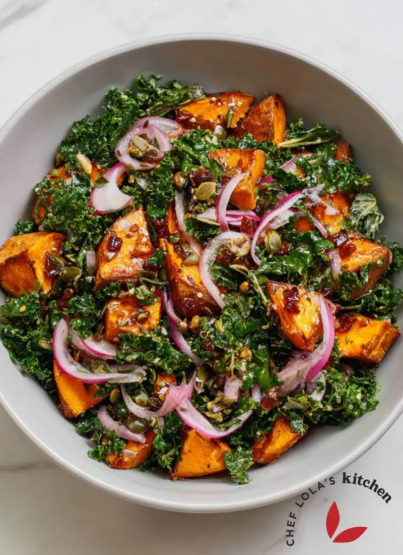 Homemade sweet potato kale salad with vibrant colors and fresh ingredients