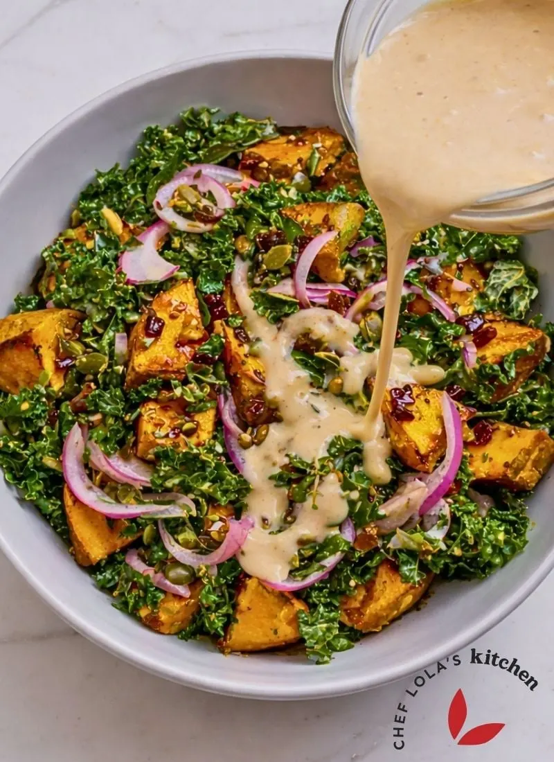 Roasted sweet potato and kale salad with simple dressing