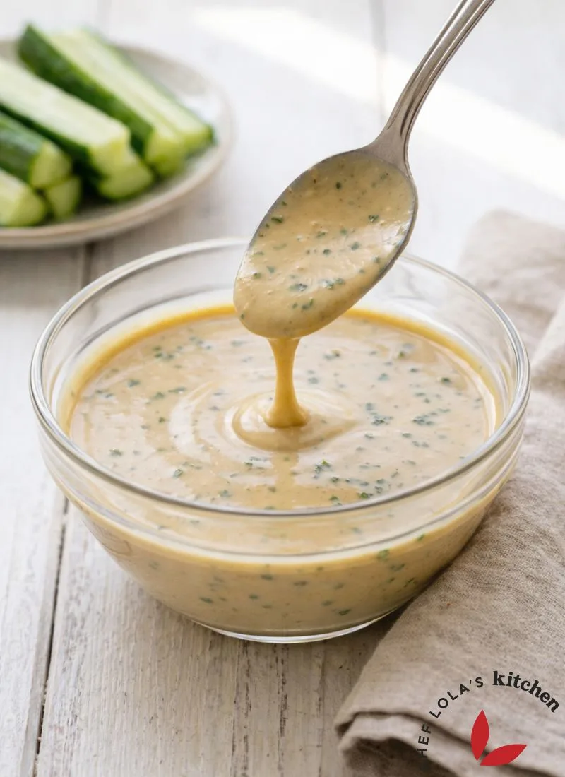 Smooth tahini sauce made from sesame paste, lemon juice, and garlic.