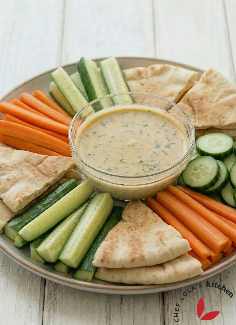 Rich and creamy tahini dressing ready to serve with vegetables and wraps.