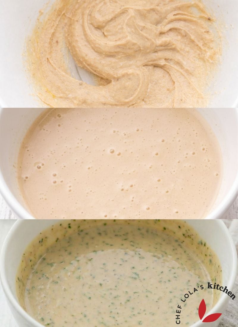Stages of tahini sauce from dense paste to creamy dressing.