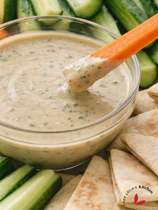 Creamy tahini dip, sesame paste, lemon juice, and garlic.