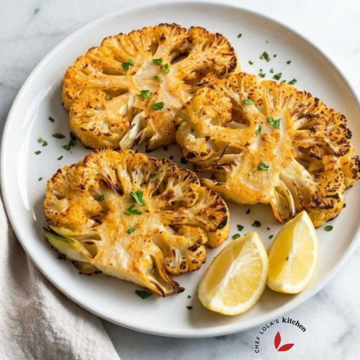 Oven-baked cauliflower steak with caramelized surface, garnished with parsley