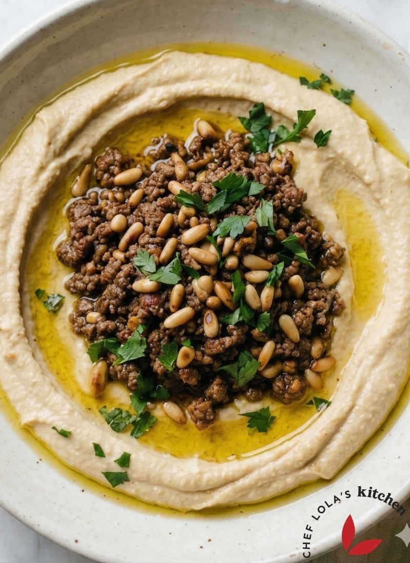 Creamy hummus topped with spicy minced meat and olive oil