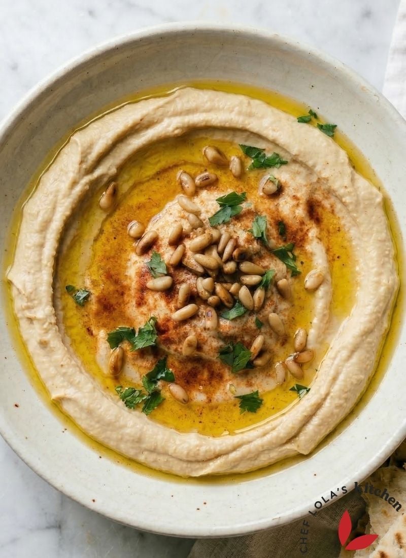 Creamy hummus in a bowl with olive oil drizzle and paprika
