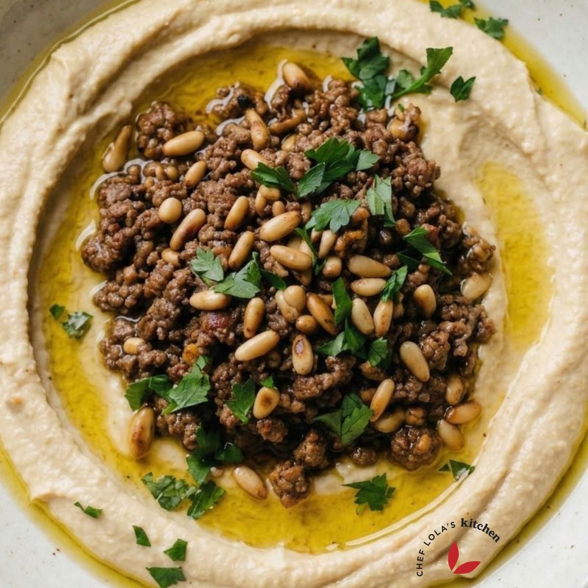 Fresh hummus with parsley garnish and olive oil