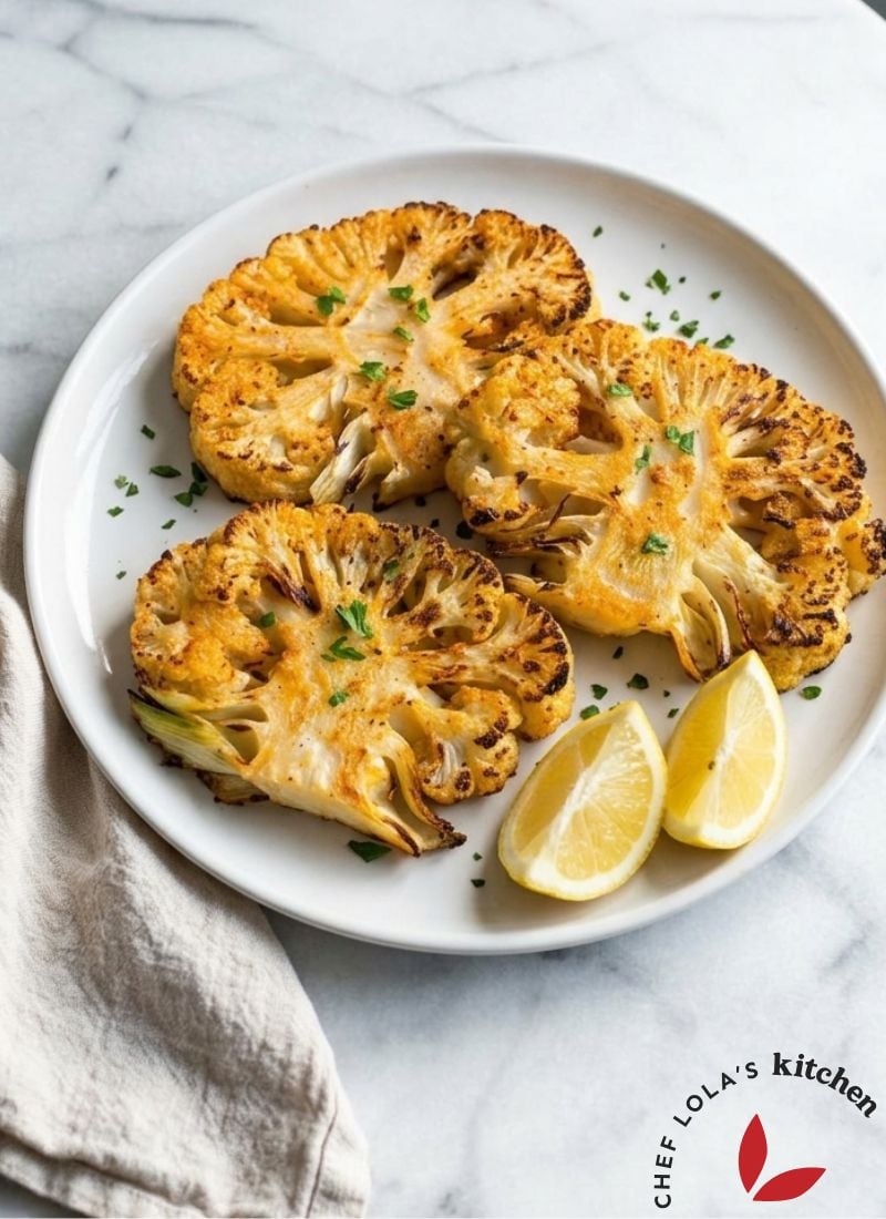 Oven-roasted cauliflower steak with crispy edges and golden color, served with lemon slices