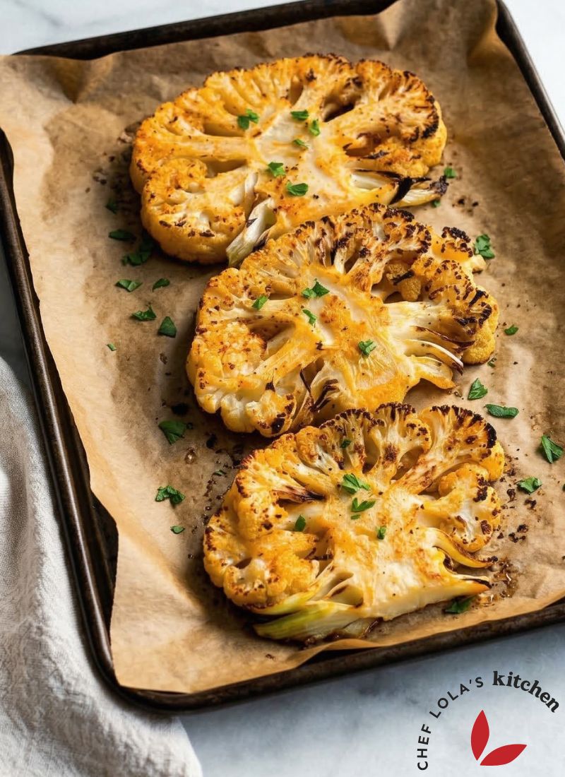 Golden brown cauliflower steak fresh out of the oven