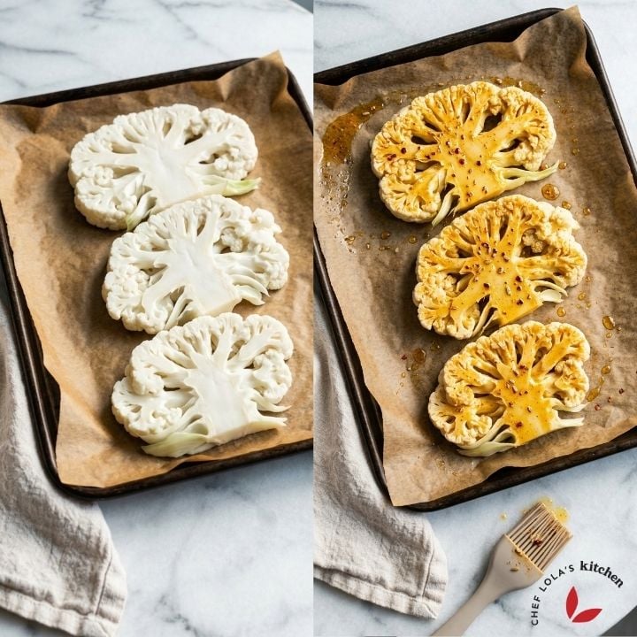 Plain and seasoned Cauliflower steak slices arranged on a baking tray